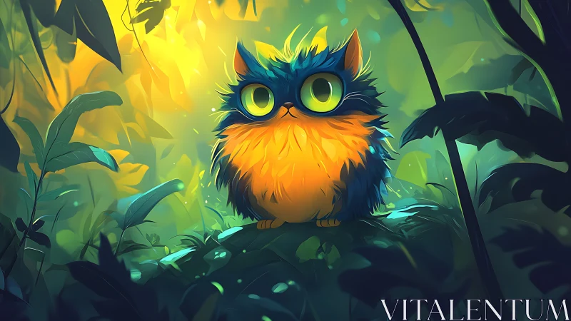 Stylized bioluminescent creature sits in dense jungle foliage