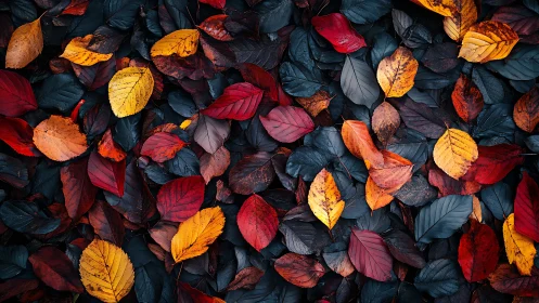 Fallen autumn leaves in vivid red, orange and indigo hues.