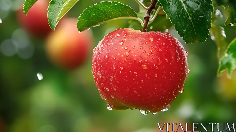 Ripe red apple with dewdrops in shallow-focus orchard scene.
