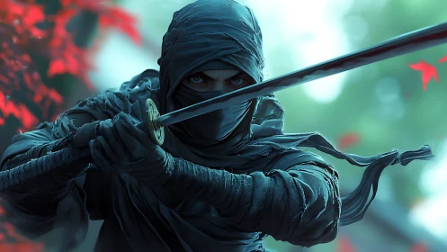 Cinematic digital ninja portrait with dynamic katana stance.