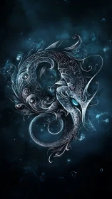 Intricate silver dragon curls in a glowing teal void