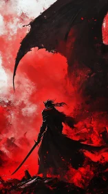 Dark swordsman silhouette amid infernal red tempest.
