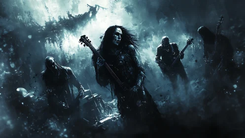 Midnight metal band thrashing through a ghostly stormscape.