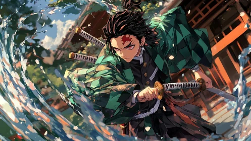 Hydrodynamic sword arc framing a focused anime swordsman.