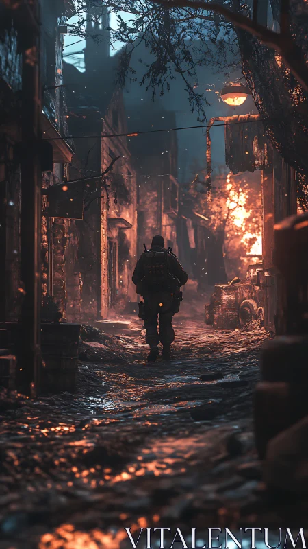 Soldier walks through burning alley with wet reflective ground