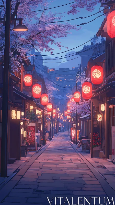 Lantern-lit alleyway glows beneath twilight cherry blossoms.