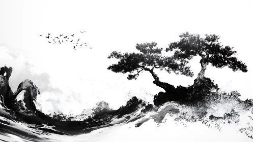 Ink-swept bonsai cliffs ride a storm of negative space.