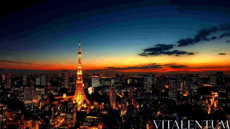 Illuminated urban tower within dense skyline at sunset.