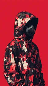 Hooded masked figure in red and black camouflage against red.