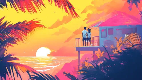 Couple stands on balcony watching vivid tropical sunset