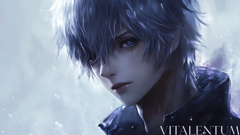 Moody blue haired anime boy in cold diffuse backlighting portrait