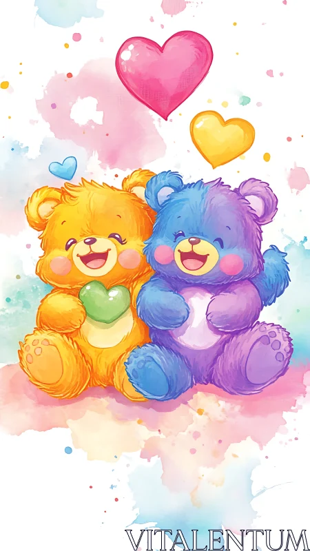 Watercolor teddy bears with pastel hearts and splashes.