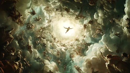 Radiant celestial figure ascending amid swirling clouds.