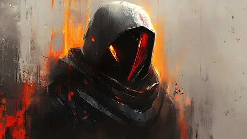 Hooded armored figure stands before diffuse orange light