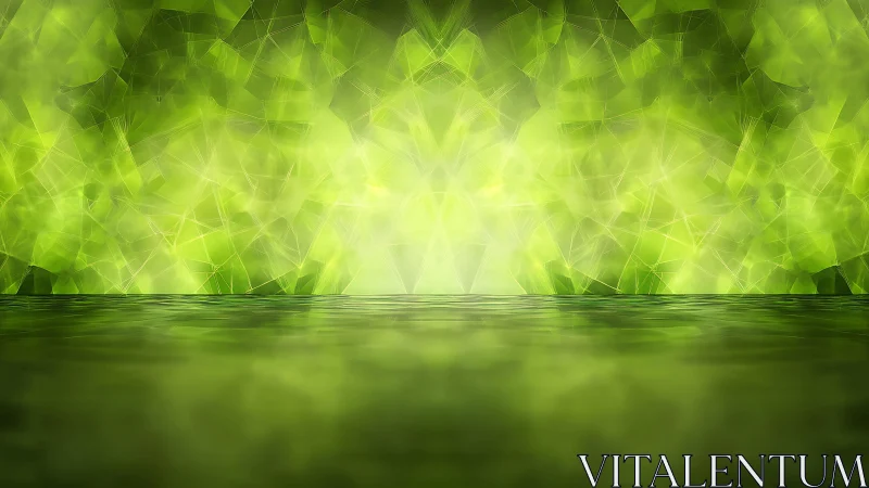 Abstract Green Polygonal Background with Reflective Water Surface.