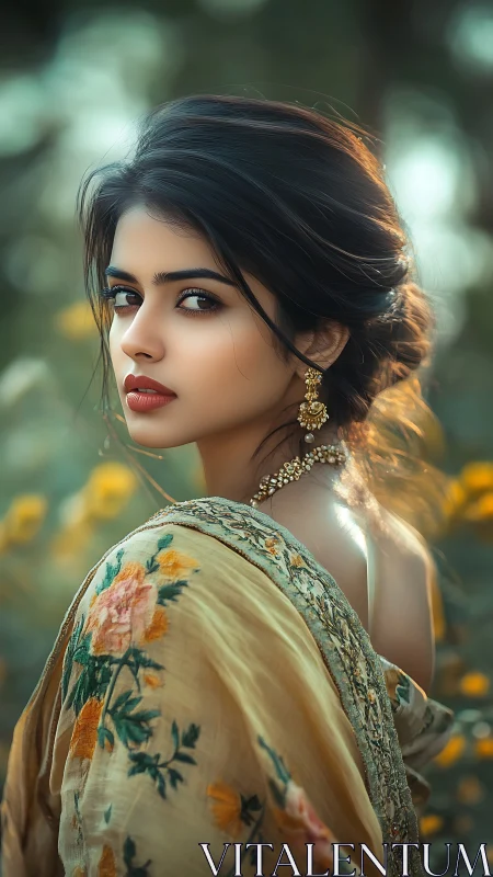 Portrait of woman in floral shawl with soft background.