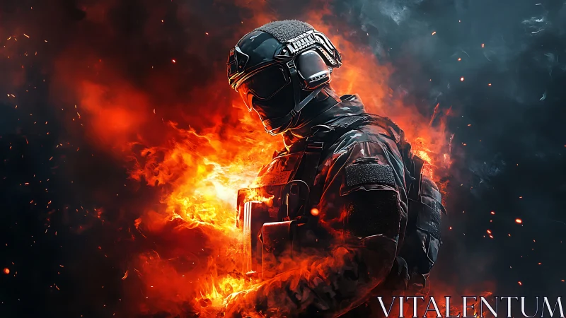 Tactical soldier engulfed in cinematic volumetric flames.
