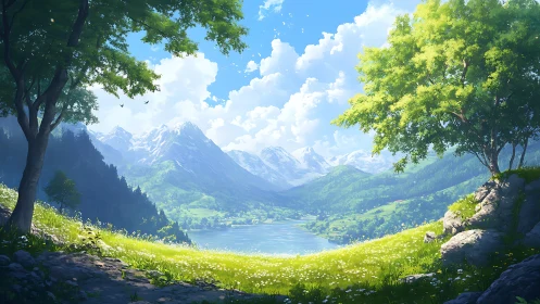 Digital painting of alpine lake framed by luminous meadow trees.