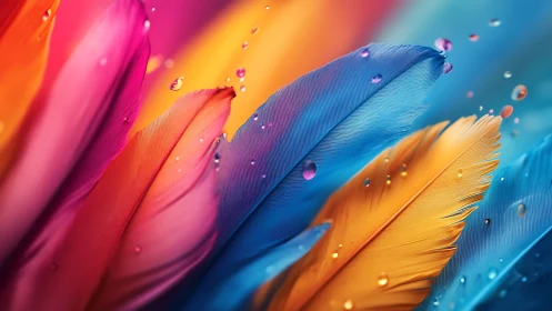 Colorful water-kissed feathers glowing with gentle light.