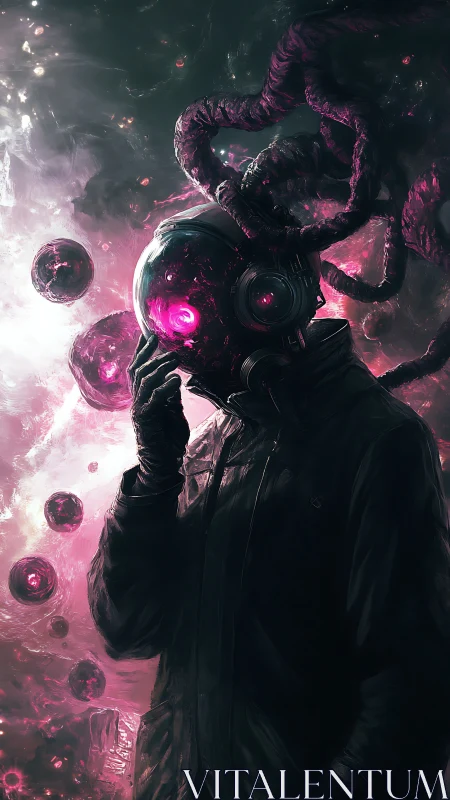 Cosmic wanderer communes with glowing void orbs in neon haze