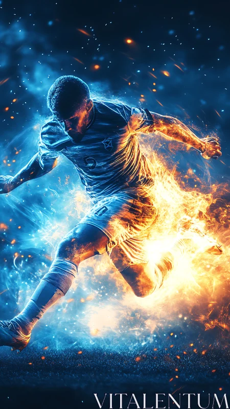 Digital painting of fiery soccer striker in dual-color motion blur.