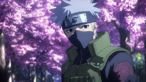 Masked anime ninja stands beneath blooming cherry trees.