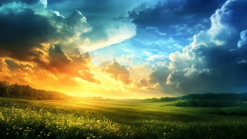 Sunlit meadow under dramatic multicolored sky.