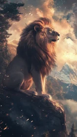 Majestic lion on cliff in cinematic fantasy digital painting.