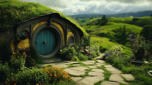 Grass-covered hillside dwelling with circular door in valley.