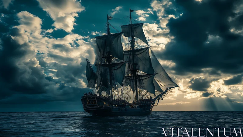 Storm-kissed tall ship sailing through moody twilight seas.