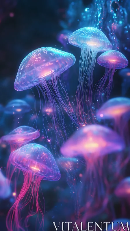 Bioluminescent jellyfish cluster rendered with neon volumetric light