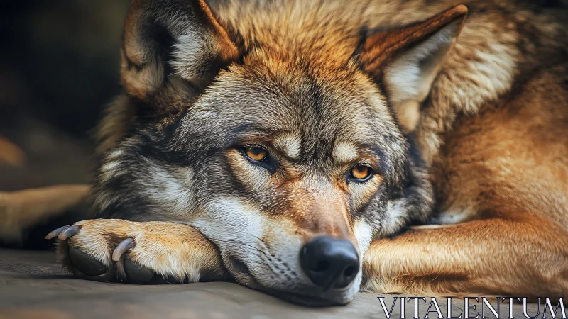 Resting wolf portrait with golden eyes and soft bokeh light.