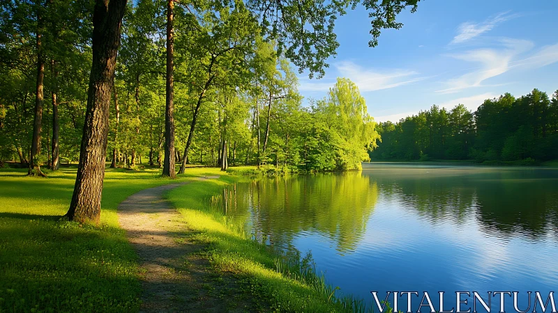 Forest path runs beside reflective lake under clear sky