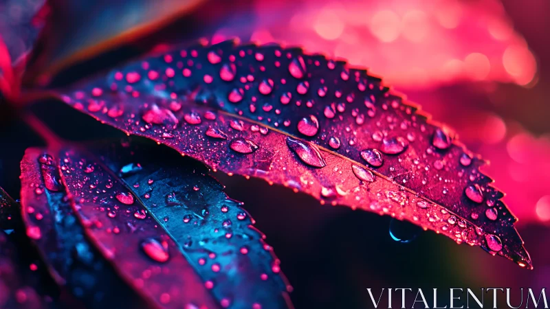 Close-up of wet leaf surface in saturated neon lighting.