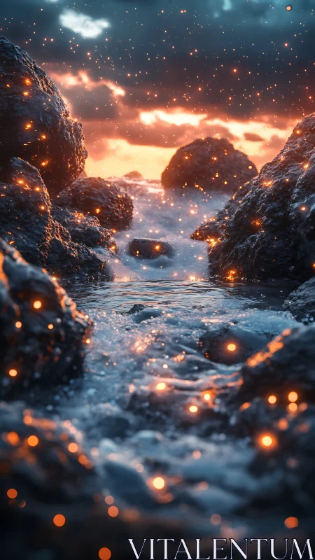 Fiery tide sparkles against stormy twilight shoreline.