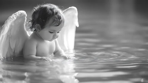 Curly haired baby angel sitting in shallow reflective water.