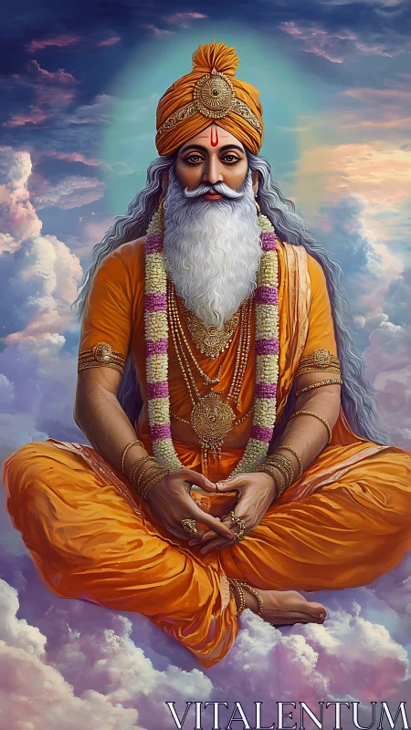 Bearded holy man in orange robes meditating among clouds.