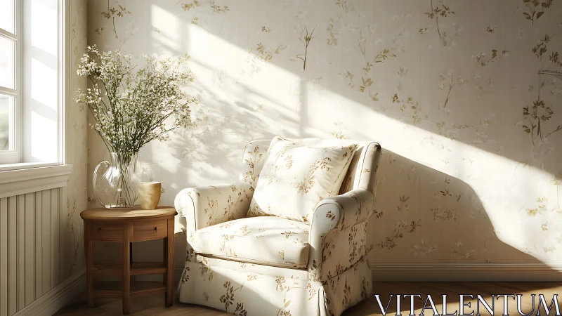 Sunlit floral armchair corner with vase and wooden table.