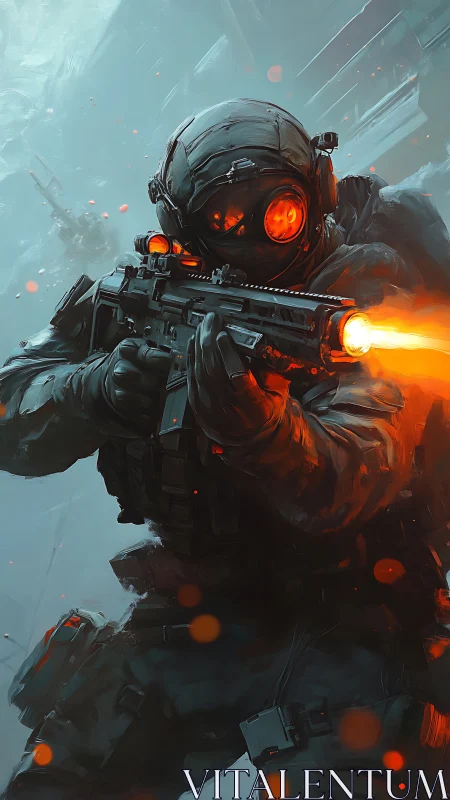Armored sci fi soldier fires into a frozen warzone