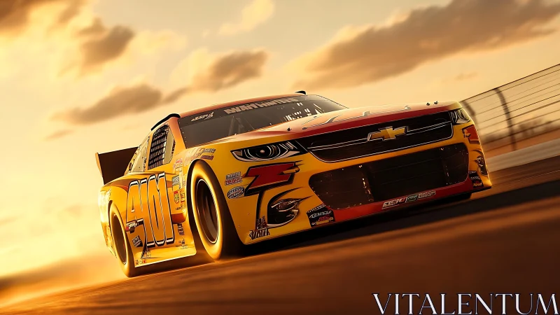 Yellow stock car powers through sunset speedway curve.