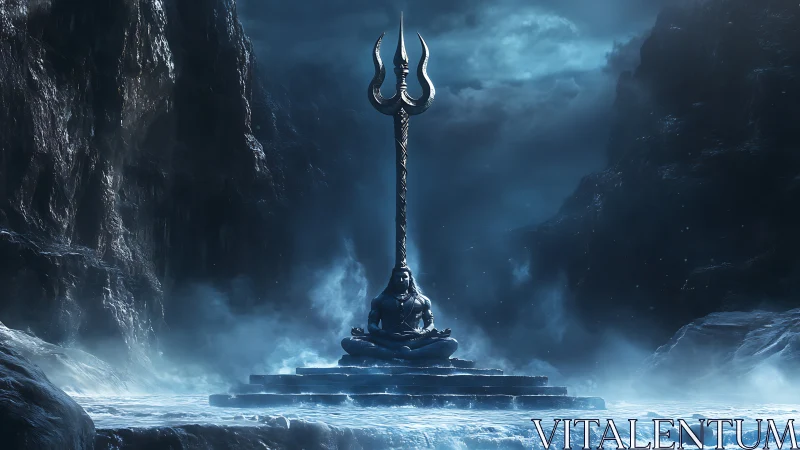 Fantasy trident shrine with meditating deity in icy gorge.