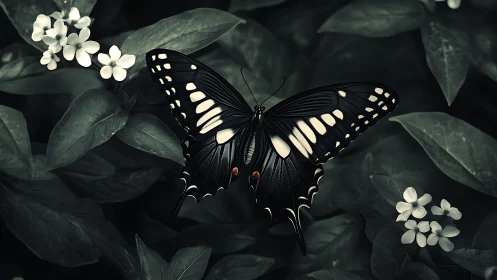 Black swallowtail butterfly on dark foliage with white blooms.