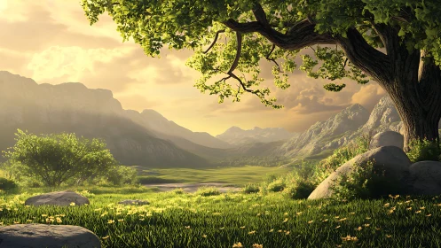 Golden valley landscape under sprawling tree canopy at dusk.