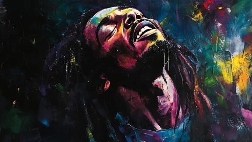 Expressive neon portrait with ecstatic upward gaze.