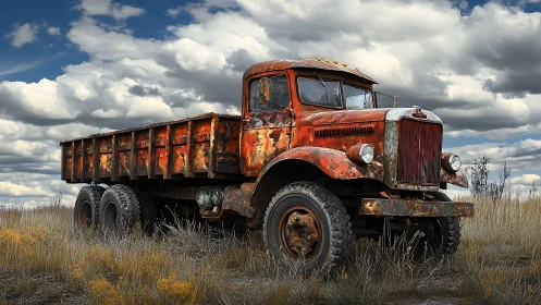 Rusty vintage dump truck dominates overgrown prairie field.