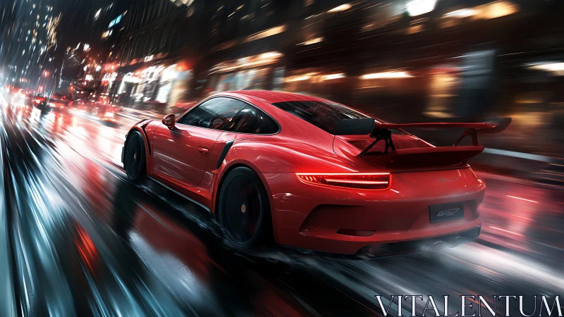 Aerodynamic red track coupe slicing through wet neon cityscape.