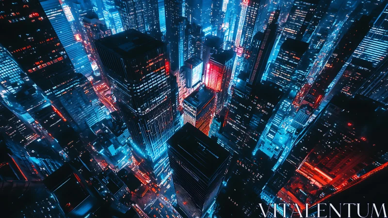 Neon-saturated vertical megacity in cyan-red spectral contrast.