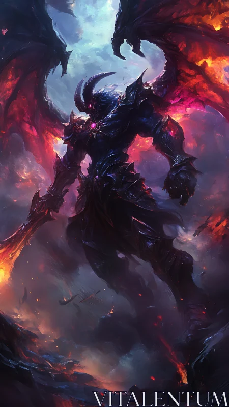 Demonic warlord rising from infernal storm of fire.
