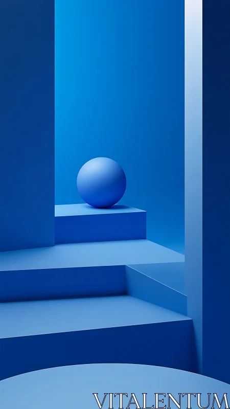 Quiet blue sphere wandering a minimalist stairwell dreamscape.