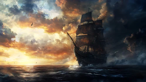 Tall ship cuts stormlit horizon under burning clouds.